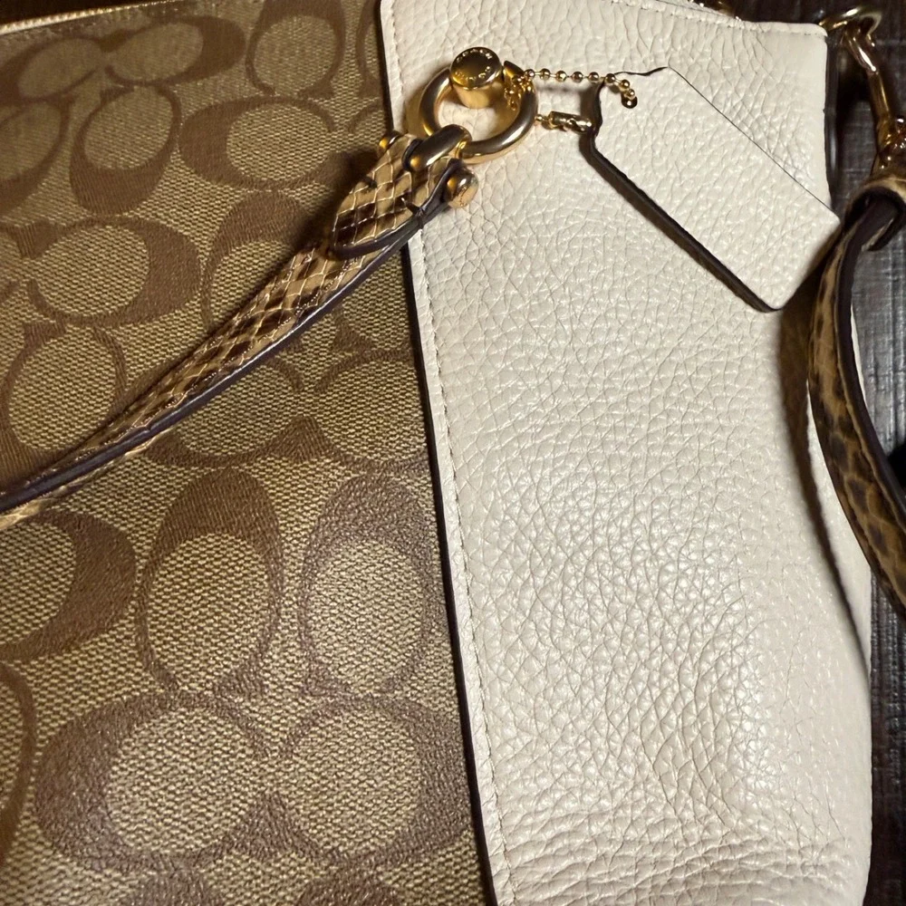 Coach Kacey Khaki Chalk Blocked Canvas Top Zip Satchel Crossbody Snakeskin Purse